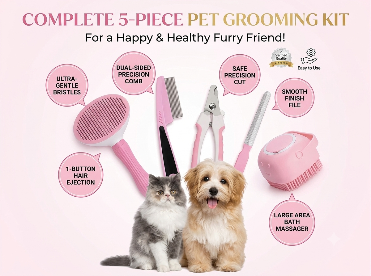 All-in-One Professional Pet Grooming & Bathing Set (Pink)